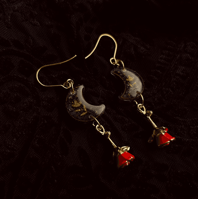 Moon and Red Rose Earrings