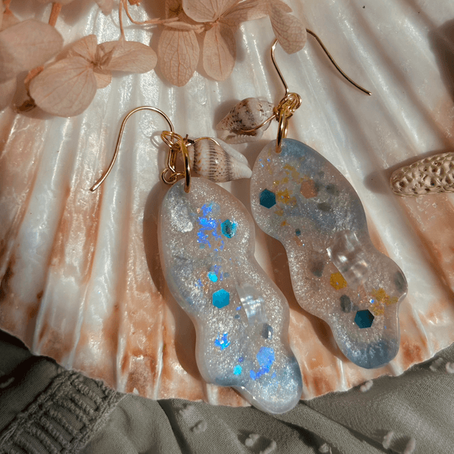 Wave Statement Hook Earrings with Real Shells Gold Plated